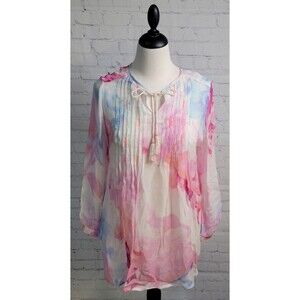 Soft Surroundings Women's Tunic Sheer Top Sz PS Fringe Watercolor Beaded Flowy